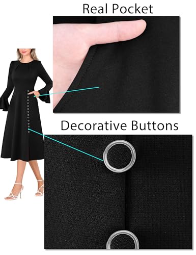 VFSHOW Womens Pleated Crew Neck Bell Sleeve Pockets Front Slit Buttons Business Work Office Slim Fit and Flare A Line Dress 5
