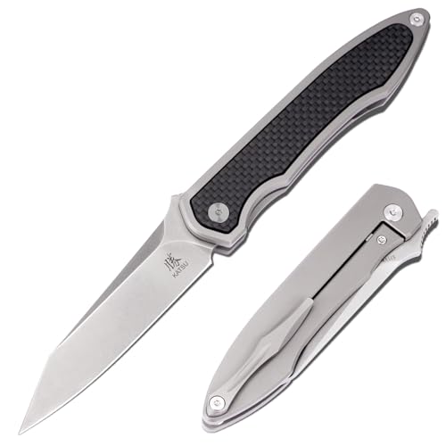 KATSU S35VN Folding Knife with Clip,Carbon Fiber Handle Pocket Knife Cleaver Razor Blade Frame Lock,Japanese Style Clip Point Blade Stonewashed Titanium Knives with Leather Sheath Camping