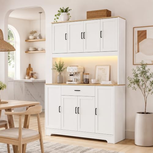 LAZZO 71" Kitchen Pantry with LED Lights, Farmhouse Hutch Storage Cabinet