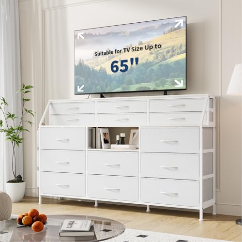 Dresser for Bedroom with 14 Drawers, 55" W Dresser with Side Pocket, Fabric Dressers & Chests of Drawers with Shelves, Sturdy Frame, Wood Top