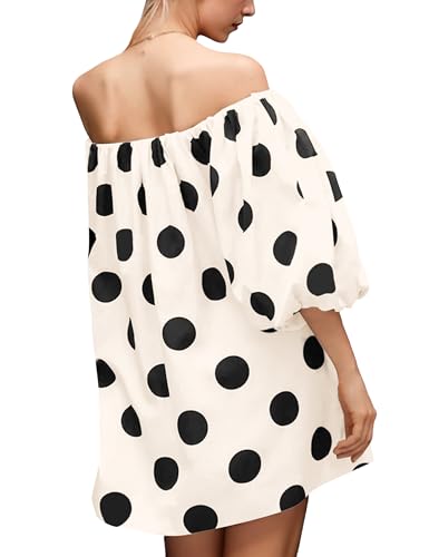 Meladyan Women's Off Shoulder Polka Dot Mini Dress Casual Puff Sleeve Loose Blouse Mini Dress Beach Short Dresses2