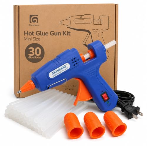 Gluerious Mini Hot Glue Gun Kit with 30 Glue Sticks, 20W Fast Heat-Up Hot Melt Glue Gun for Crafts, School, DIY Arts, Card Making and Quick Home Repairs, Anti-Drip Nozzle, Blue