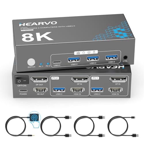 Hearvo HDMI DisplayPort KVM Switch 2 Monitors 2 Computers, 8K@60Hz Dual Monitor KVM Switcher with HDMI 2.1 & DisplayPort 1.4, USB 3.0 Hub,with Controller & 2 USB Cables & EDID Adaptive -S7240PH2