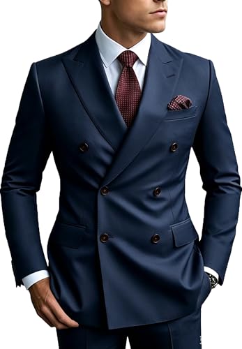 Suit for Men Solid Double Breasted 2 Piece Tuxedo Set Regular Fit Peak Lapels Jacket and Pants Navy Small