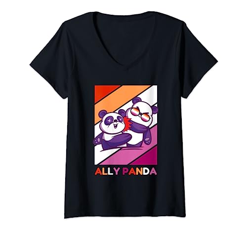 Womens Allypanda Pride Parade Panda LGBTQ Panda Lesbian Pride LGBT V-Neck T-Shirt