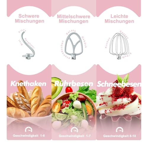 Kitchen in the box Küchenmaschine, 4,5 L & 5 L Knetmaschine, 10+P Geschwindigkeits Teigmaschine mit Knethaken, Rührhaken und Schneebesen, 1300 W, Rosa