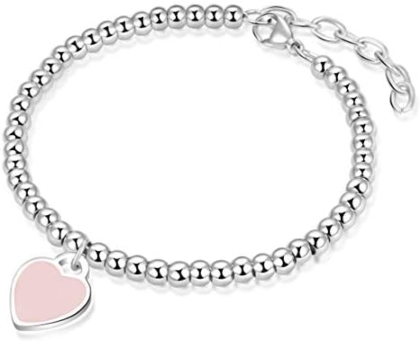 Jewanfix Charm Bracelet for Girls, Stainless Steel Love Heart Charm 4mm Beaded Delicate Bracelet Jewelry for Women Girls