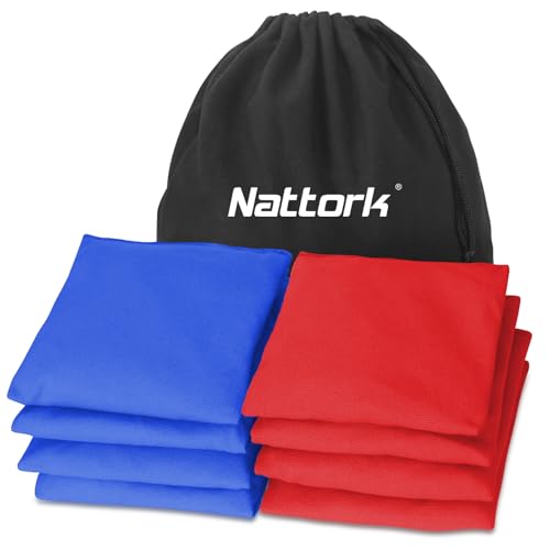 Nattork Cornhole Bags Set of 8 - Premium Corn Hole Bean Bags for Tossing - All Weather Resistant 8 Duck Cloth Double Stiched Corn Hole Bags and Tote Bags - Regulation Size (Red & Blue)