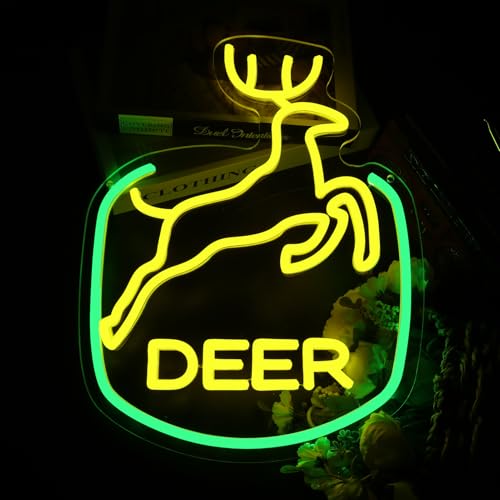 Image of Jumping Deere Neon Sign for Wall Decor, Tractor Neon Lights with Dimmer Swtich for Farm Farmhouse, USB Powered LED Sign forBar, Man Cave, Bedroom Living Room Cabin Bar Rustic Wall Decor, 11.4*14.9IN