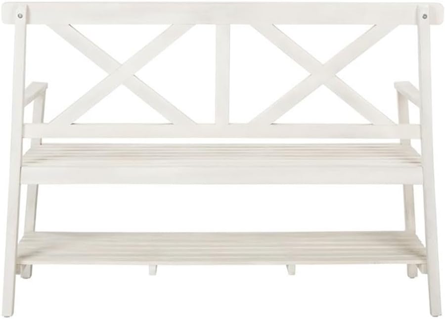 Pemberly Row 16.9" Acacia Wood Outdoor Storage Bench, White Finish, 49.2" Wide 2-Seat Design, Weather-Resistant Construction, Hidden Storage, Classic Patio, Porch, Garden Seating