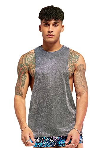 Gorglitter Men's Glitter Round Neck Tank Top Sleeveless Club Party Tank Tops Silver Medium #TOP6