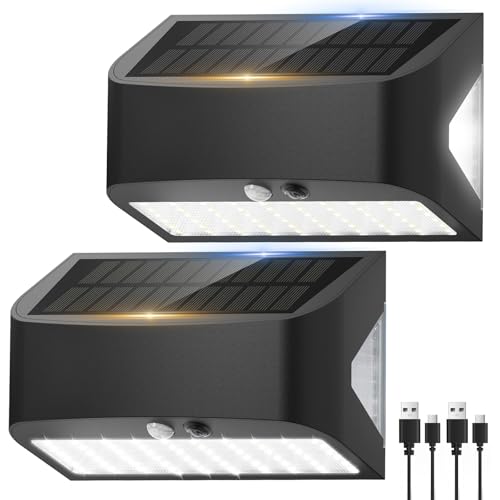 Solar Motion Lights Outdoor, 1200LM 6500K Solar Security Wall Lights with Backlight and USB Charging Port, IP65 Waterproof Solar Flood Light for Fence Driveway Patio Garage Porch Sconce (2 Packs)