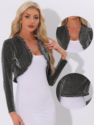 Image of Allegra K Party Shrugs for Women's Long Sleeve Glitter Crop Ruffle Bolero Shrug