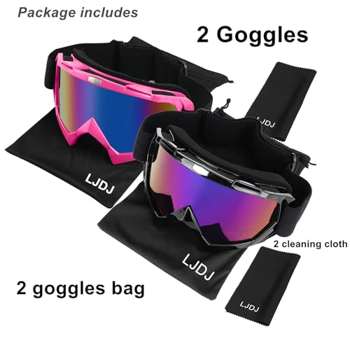 LJDJ Ski Goggles, Pack of 2 - Snowboard Adjustable UV 400 Protective Motorcycle Goggles Outdoor Sports Tactical Glasses (Black + Pink) - Thumbnail 6
