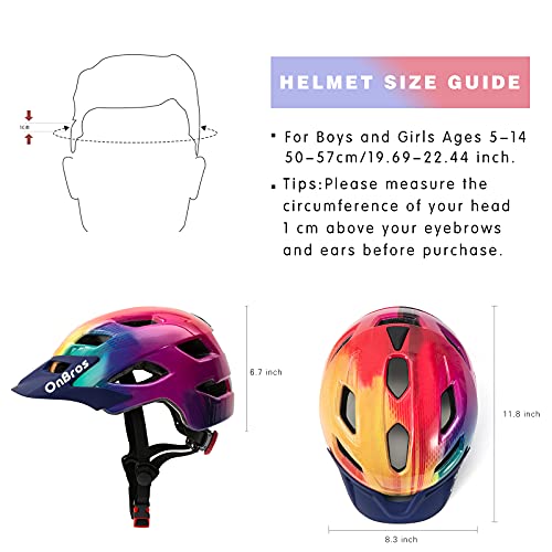 Onbros Kids Bike Helmet - Bike Helmet For 5-14 Boys Or Girls With Visor, Children Bicycle Helmet For Skateboard Mountain Scooter Road Cycling, Lightweight And Adjustable 50-57Cm (Rainbow1) #TOP1
