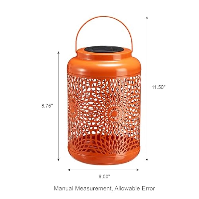 Glitzhome Solar Lantern Orange Metal Cutout Scrollwork Outdoor Hanging Solar Light with Handle for Garden Patio Yard Outdoor Decor