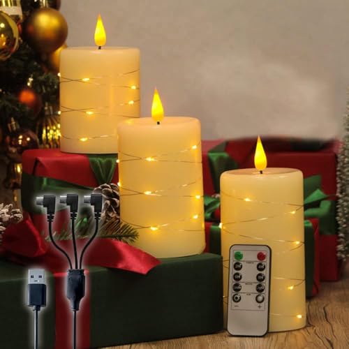 NICE POINT Lot de 3 bougies LED sans flamme, rechargeables en cire véritable avec télécommande et minuterie, mèche en forme de larme, bougies électroniques avec guirlande lumineuse pour décoration de