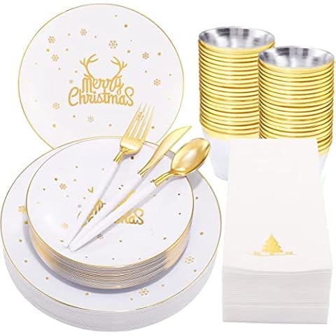 KAHEIGN 175Pcs Mehrweg Weihnachtsgeschirr Set für 25 Personen, Kunststoff Weihnachten Geschirr Set Cover