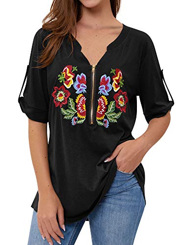 MYMORE Floral Embroidered Graphic Tee Shirts Cuffed Sleeve Tunic Blouse Half Zip Up V Neck Summer Tops for Women