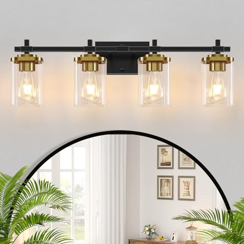 Spiglamm 4-Lights Black and Gold Bathroom Vanity Light, Modern Bathroom