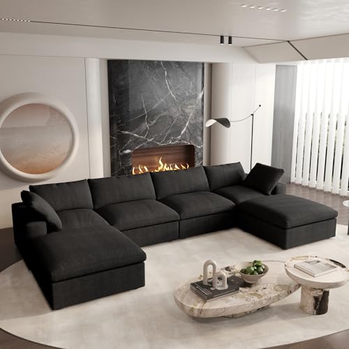 Cloud Couch Modular Sectional Sofa with 2 Storage Ottomans,160.6\" U Shaped Couch,6 Seater Minimalist Wide Deep Seat Convertible Couches, Covers Washable&Replaceable,Black
