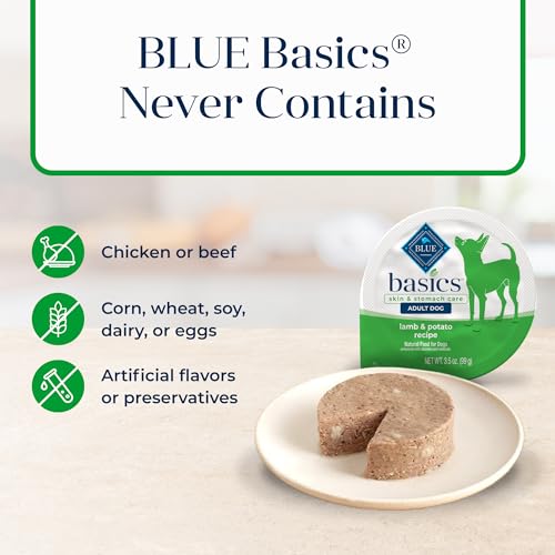 Blue Buffalo Basics Adult Small Breed Grain-Free Wet Dog Food for Skin & Stomach Care,Limited Ingredient Diet,Lamb Recipe,3.5-oz. Cups,12 Count (Pack of 2)