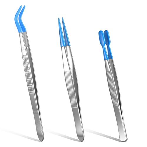 3PCS Rubber Tipped Tweezers Blue Silicone Craft Tweezers Kit for Jewelry-Making Sticker Stamps Metal Precision Tweezers for Crafting & Stamp Collecting Supplies