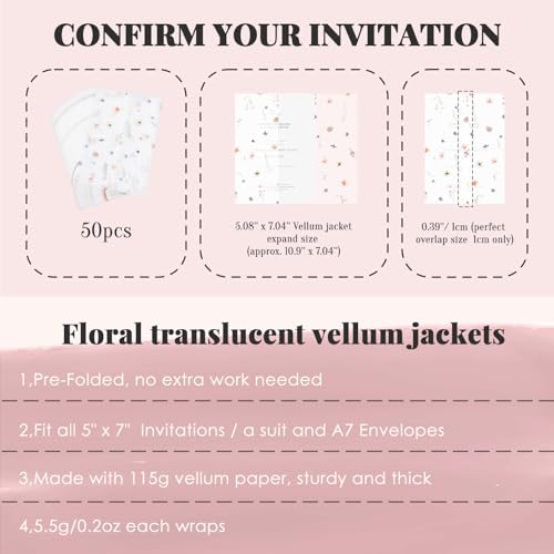 UNIQOOO 50 Pack Garden Flower Pre-Folded Vellum Jackets for 5x7 Invitations, Elegant Semi-Transparent Vellum Paper, 115GSM Vellum Wedding Invitation Accessories by UNIQOOO - Image 3