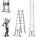 Aluminum Telescopic Extension Ladder A-Frame Ladder 2-in-1, Portable Collapsible Ladder with Stabilizer Bar,6+6 Steps Adjustable Height, 12.5FT in Straight Line & 6.25FT in A-Frame, 330lbs Max Load