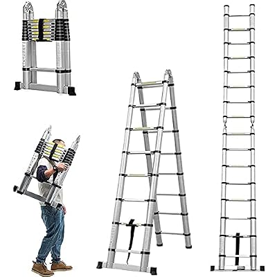 Aluminum Telescopic Extension Ladder A-Frame Ladder 2-in-1, Portable Collapsible Ladder with Stabilizer Bar,6+6 Steps Adjustable Height, 12.5FT in Straight Line & 6.25FT in A-Frame, 330lbs Max Load