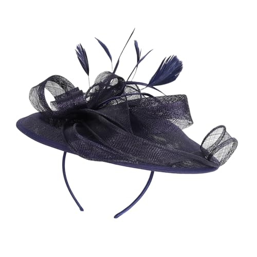 Obotsnoi Chapeau bibi en sinamay d'inspiration vintage avec plumes et bandeau réglable ornement de cheveux pour mariages événement Derby, élégant chapeau en maille pour fêtes de mariage, bleu marine