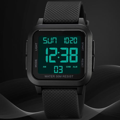 findtime Unisex Digital Watch Men Women Square Face Big Numbers LED Electronic Wrist Watches Waterproof/Alarm/Countdown Timer/Dual Time/Stopwatch/12/24H4