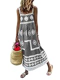 Tomwell Damen Sommerkleid Ärmelloses Bedrucktes Leinenkleid Strandkleid Vintage Mittellanges Einfarbig Losen Kleider (38, Grau)