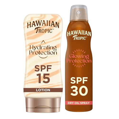 Image of Bundle of Hawaiian Tropic Glowing Protection Sunscreen Dry Oil Spray Mist, SPF 30 UVA plus UVB Protection 180 ml + Hydrating Protection Sunscreen Lotion, SPF 15 UVA + UVB Protection Suncream 180 ml