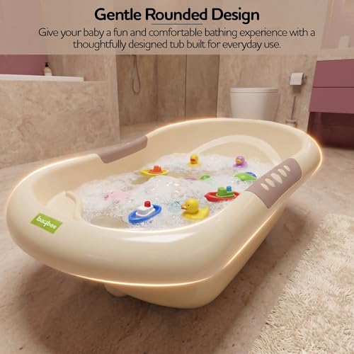 Image of Baybee Lovely Baby Bath Tub for 0 to 5 Years | Ergonomic Bath Tub for Kids with Quick Drain & Storage | Premium Baby Bather with Non Slip Base & Side Grip Bathing Tubs for Boys Girls (Beige)