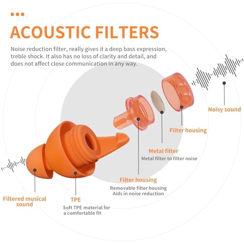 Image of LYSIAN High Fidelity Concert Ear Plugs, 23dB Noise Reduction Musician Earplugs for Concerts, Festivals & Raves, Reusable Soft Earplugs with Aluminum Case, 2 Pairs, Orange