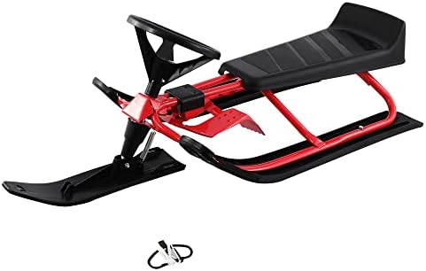 Snow Bike Sled, Ski Sled Racer Slider Board with Steering Wheel, Twin Brakes, Retractable Pull Rope, for Kids Age 4 & up, Holds Two Children or a Teenager,45 x 20 x 15'' Red