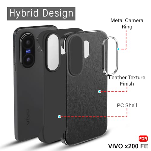 Image of TheGiftKart Hybrid Ultimate Slim Back Case Cover for Vivo X200 FE 5G | Lightweight Profile | Hard Back Case Cover for Vivo X200 FE 5G (PC & TPU, Metal Camera Ring, Leather Texture Finish, Black)