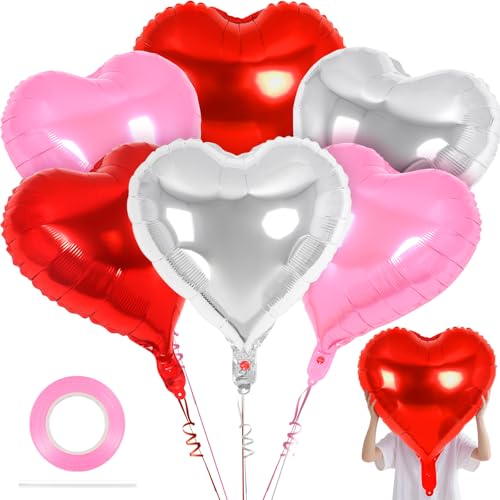 Image of 6 Pcs 32 Inch Red Pink Silver Heart Balloons, Giant Heart Shape Foil Balloons Love Balloon Valentine Balloon for Birthday Party Wedding Engagement Party Baby Shower Valentine Day Decorations