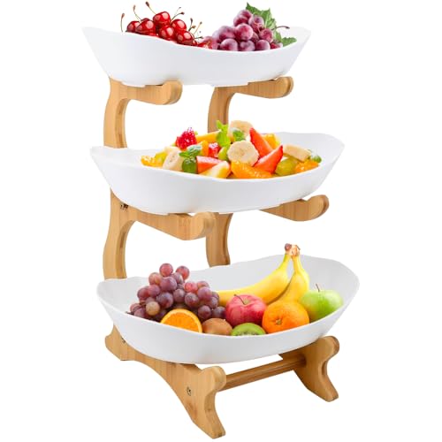 Expositor de frutas de 3 pisos con soporte de bambú natural, polipropileno, para frutas, verduras, pasteles, dulces, para más espacio en la cocina: 14 x 22,5 x 32 cm, color blanco