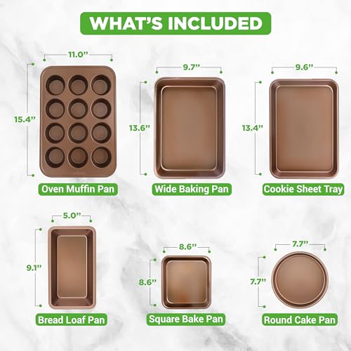 NutriChef 6 Piece Nonstick Bakeware Set Carbon Steel Baking Pans Includes Cookie Trays Wide Square Bake Pan Bread Loaf Round Cake Pan Muffin Pan Gold