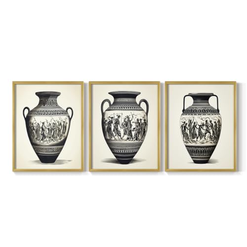 Renditions Gallery Set of 3 Peel & Stick Framed Prints, Classical Vessels Wall Art, The Amphora Greek Vase Wall Decor, Re-Stickable - Ready to Hang - 16"x20" - Gold Frame LT597