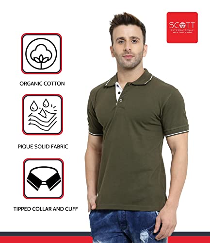 Image of Scott International Men's Organic Cotton Regular Fit Polo T-Shirt (Military Green with White, XL)