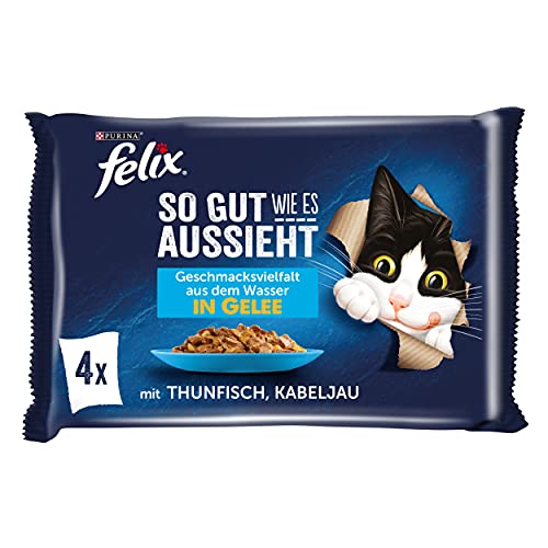 FELIX Comida para Gatos húmeda en gelatina, con atún y Bacalao, Paquete de 12 Unidades (12 x 4 Bolsas de 85 g)