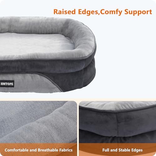 HMTOPE Orthopädisches Hundebett, Hundesofa, Vierseitiges Nackenrolle Kissen, rutschfeste Unterseite Hundekorb, Abnehmbar und Waschbar, Grosse Hunde, 122 x 90 x 19 cm, Hellgrau