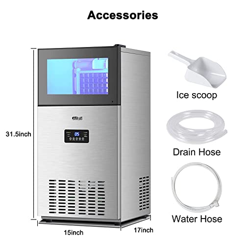 Upgraded Commercial Ice Maker Machine 130Lbs/24H With 35Lbs Storage Bin,15Inch Wide Ready In 11-20 Mins Under Counter/Freestanding Stainless Steel Gravity Drainage Large Ice Machine #TOP2