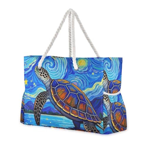 Blue Art Star Turtle Blue Large Capacity Carry On Tote with side pocketes Outdoor Tote Bag with cup holders on the side