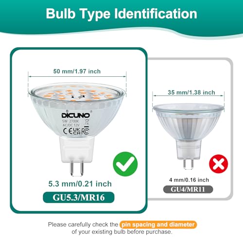DiCUNO GU5.3 MR16 żarówka LED do ściemniania, 5W = 50 W, 2700K, 440 lm, zestaw 10 szt