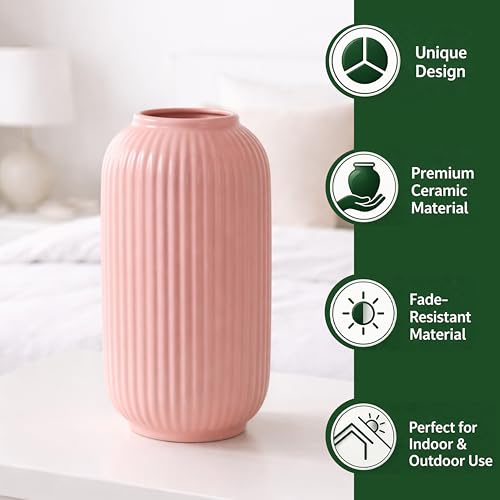 Image of Art Street Modern Ribbed Ceramic Flower Vase | Pink Decorative Boho Vase for Living Room, Bedroom & Office Dcor - (Flower not Included) 5x9 Inch