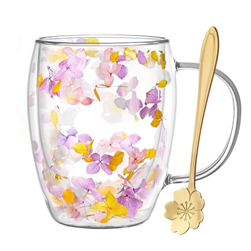 Arefen Aesthetic Dried Flowers Double Wall Glass Coffee Mugs Cute Tea Cups with Handles Insulated Heat Resistant Christmas Birthday Gifts for Women Best Friend Teacher Mum Gifts New Home Gift Ideas